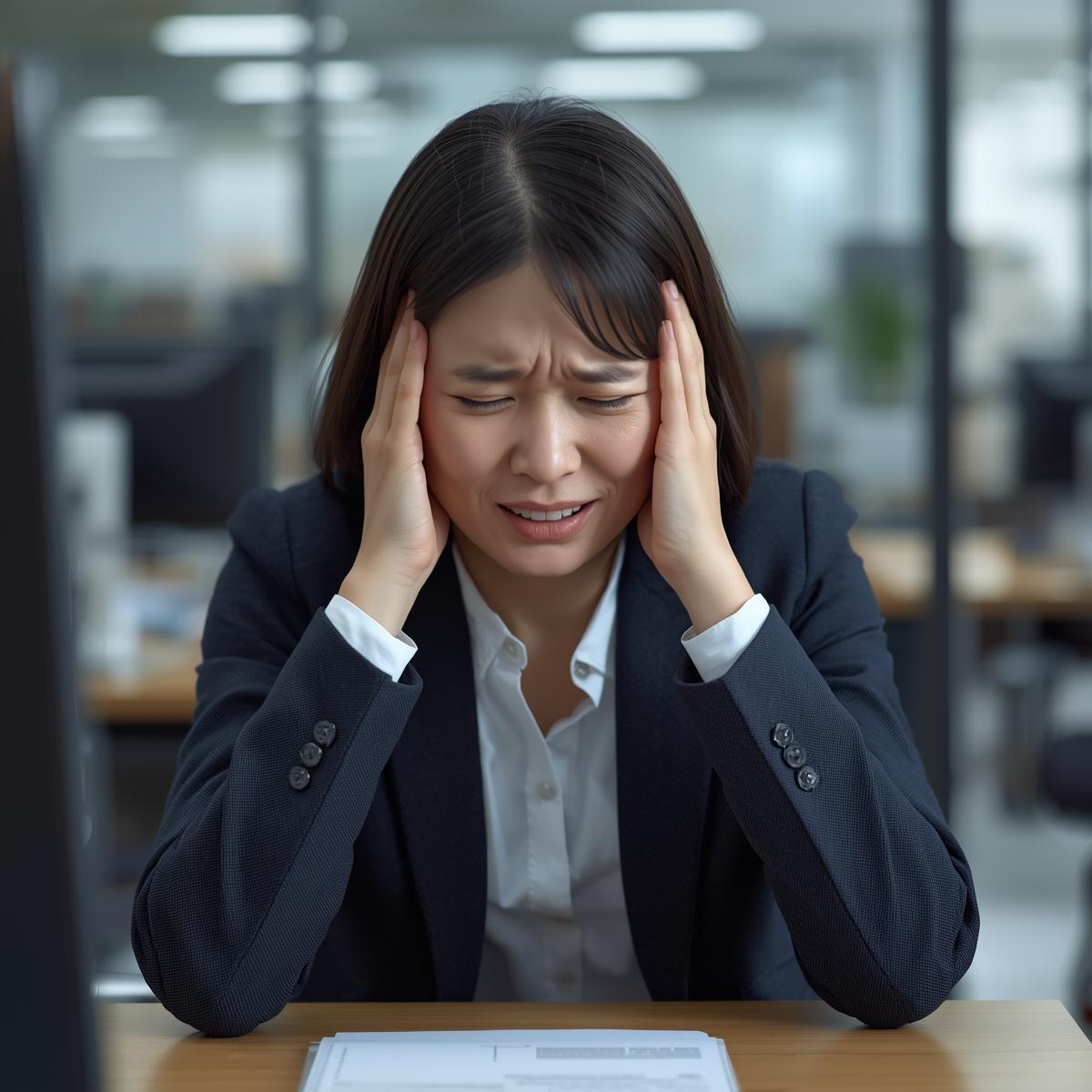 頭痛で頭を抱える女性